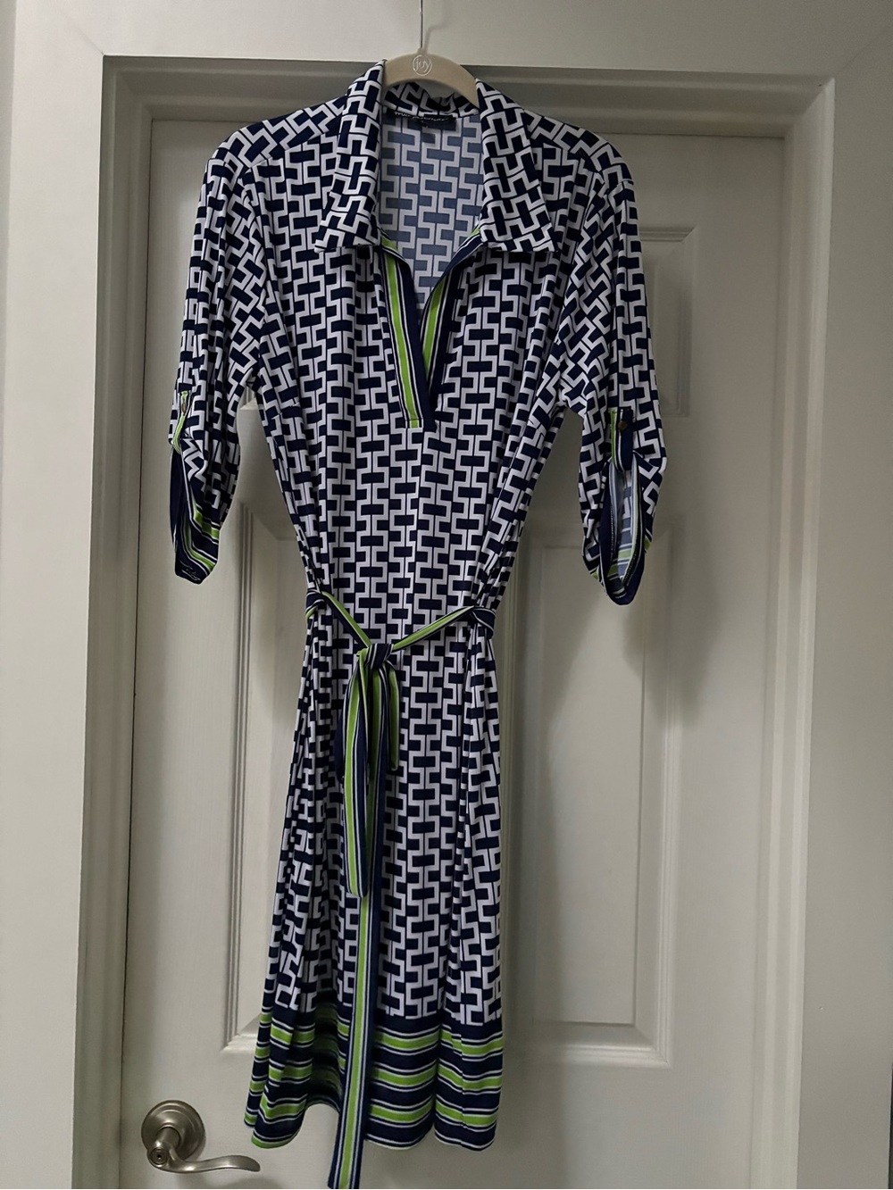 Mlle Gabrielle Navy, White & Lime Geometric Midi Shirt Dress